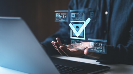 Poster - verifying identity with digital kyc displayed on holographic screen above laptop.