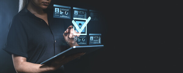 Fototapete - Digital interface with check mark displayed on a glowing virtual