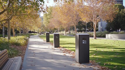 A serene park pathway lined with trees and modern waste bins.