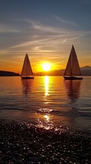 Aufkleber - As the sun descends behind distant mountains, two sailboats glide effortlessly on the tranquil waters, reflecting shades of gold and orange in a peaceful evening glow