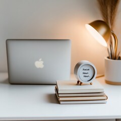 Poster - Minimalist Learning Space Sustainable Desk Setup with Closed Laptop and Focus Tools - Enhancing Childs Study with Neutral Tones and Morning Light for Remote Education