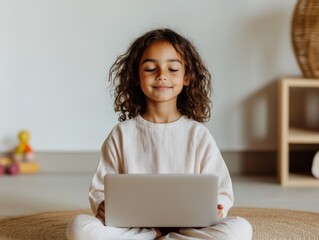 Aufkleber - Vibrant E-Learning Environment Indian Girl, 10, with Laptop in Playful Home Setup - Enhancing Public Education and Remote Study with Digital Innovation