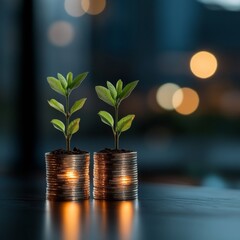 Poster - Eco-Investment Showcase Stacked Coins with Seedlings on Sleek Dark Surface - Financial Growth Visual for Green Investment and Sustainable Finance Marketing