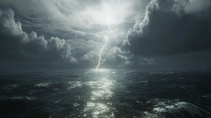 a lightning striking in the distance over an ocean, with dark clouds overhead creating dramatic ligh