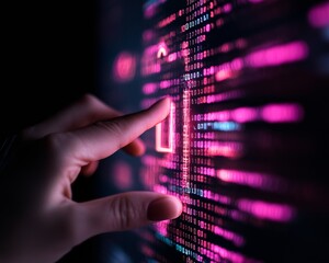 Leinwandbilder - Holographic Cybersecurity Interface Interactive Data Display with Neon Code Matrix - Professional Risk Management and Threat Monitoring Tool for Cutting-Edge Tech Environments