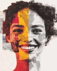 Fototapete - Contemporary Diversity Collage Art Digital Faces with Maps and Cultural Symbols for Global Marketing and Social Engagement, Enhancing Inclusive Brand Narratives