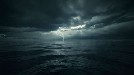 a lightning striking in the distance over an ocean, with dark clouds overhead creating dramatic ligh