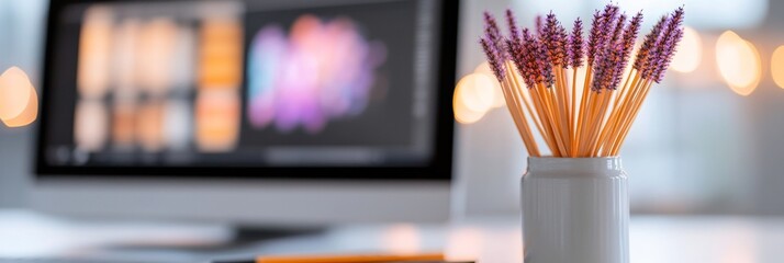 Poster - Contemporary Minimalist Workspace Aesthetic Digital Design Tools with Lavender Accents for Creative Professionals in Tech-Driven Artistry and Innovative Visual Content Creation