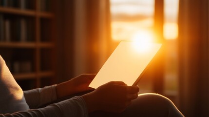 Fototapete - Warm Minimalist Reading Nook Blank Digital Screen in Library at Sunset Textural Wood Ambiance for Creative Advertising and Interactive Library Experiences