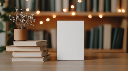 Aufkleber - Warm Minimalist Book Display Blank Billboard with Wooden Shelves and Ambient Lighting - Modern Library Decor and Inspirational Branding for Creative Advertising