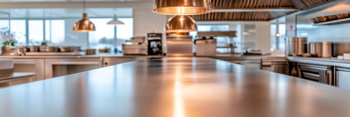 Poster - Minimalist Stainless Steel Kitchen Setup Professional Cooking Equipment in Bright, Organized Space - Industrial Culinary Design and Modern Food Service Efficiency