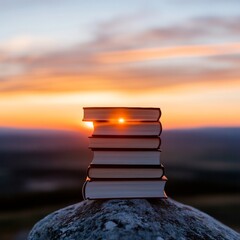Aufkleber - Dramatic Sunset Book Silhouette Literary Club on Book Mountain - Inspiring Collaborative Learning for Creative Team Workshops and Cultural Content Development