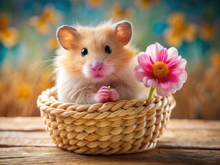 Romantic photo of a knitted hamster, flower, and charming basket.