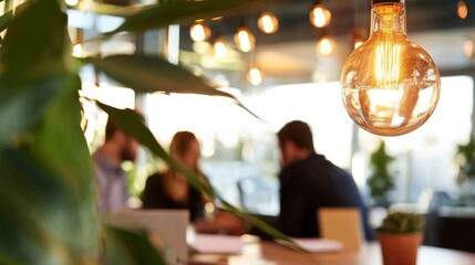 Aufkleber - Modern Rustic Workspaces Ambient Edison Bulb Lighting with Natural Greenery in Open Office - Trendy Corporate Meeting Setup and Eco-friendly Business Atmosphere