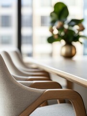 Poster - Minimalist Executive Boardroom Modern Oak and Fabric Chairs with Urban Skyline View - Strategic Business Collaboration and Sophisticated Corporate Environment
