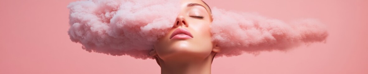 Poster - Dreamlike Imagery in Pastel Hues Female Portrait with Fluffy Pink Cloud - Surreal Branding for Modern Digital Marketing and Lifestyle Enhancement