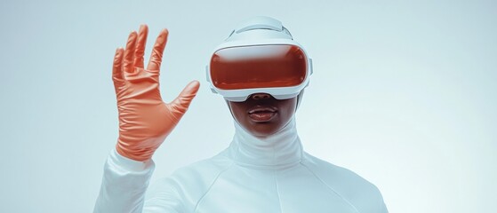 Fototapete - Futuristic Workspace Dynamics Advanced VR Headsets and Interactive Gloves in Minimalist Design - Empowering Modern Office Productivity and Immersive Tech Experiences