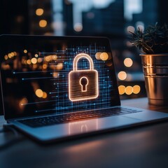 Aufkleber - Cybersecurity Desk Setup Futuristic Interface with Digital Lock Projection on Urban Nightscape High-Tech Office Security for Modern Remote Work Environments