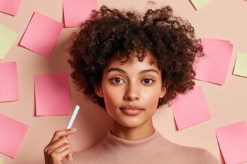 Poster - Empowered Female Leadership Curly-Haired Latina with Marker and Sticky Notes - Creative Team Strategy and Inclusive Business Ideation in Modern Workspaces