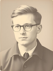 Portrait of young Soviet man with glasses. Vintage black and white paper photo, 1970s. Transferred property, family archive. Outdated quality.