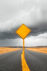 Aufkleber - Dynamic Weather Alert Stormy Sky with Lightning and Road Sign - Urban Safety Strategies and Infrastructure Preparedness for Modern Risk Management
