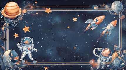 Poster - Cartoon frames with galaxy space landscape and funny characters of kid astronaut and alien. Vector frame borders set with starry space sky, UFO, rockets, planets and stars, Sun, comets and nebulae