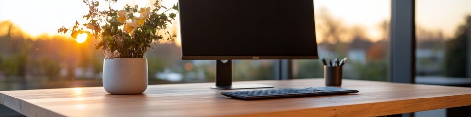 Leinwandbilder - Minimalist Workstation with Wooden Desk and Multi-Monitor Setup in Tech Hub Enhancing Ergonomic Learning Spaces for Modern Digital Professionals