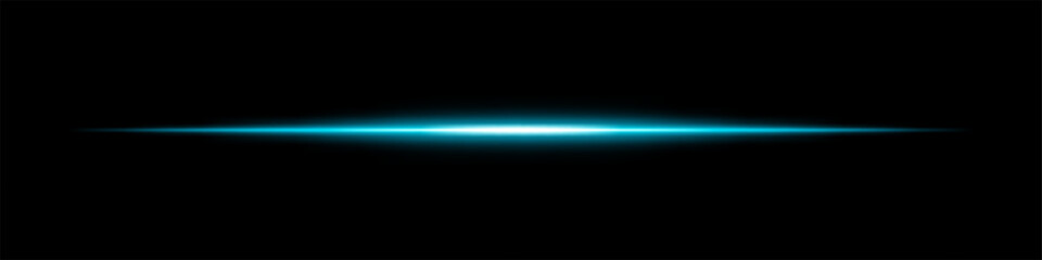 Horizontal blue light beam glowing on black background. Abstract digital energy effect. Futuristic technology and sci-fi concept for design and wallpaper