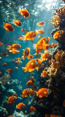 Poster - An enchanting spectacle unfolds beneath the waves as a school of vivid orange fish dances among colorful coral formations, illuminated by sunlight filtering through the water's surface