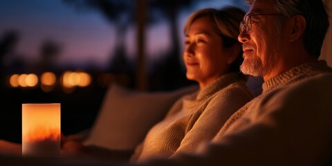 Fototapete - Contemporary Smart Home Ambiance Middle-Aged Asian Couple on Modern Sofa Engaged with Voice-Control Tech - Cozy Living Space Business Insights and Digital Integration
