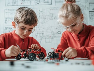 Leinwandbilder - Innovative STEM Learning Young Inventors Crafting Robot Cars with Precision Tools and Schematics - Empowering Future Engineers in Modern Educational Spaces