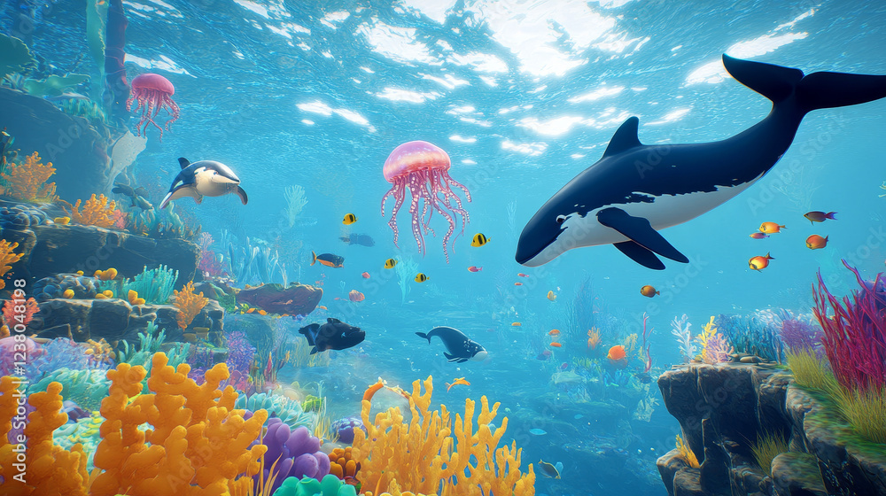 Underwater landscape game background with sea animals characters on ...