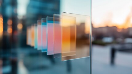 Poster - Modern Workspace Innovation Transparent Acrylic Panels in Vibrant Pastel Tones for Dynamic Business Strategy and Visual Project Management in Creative Office Environments