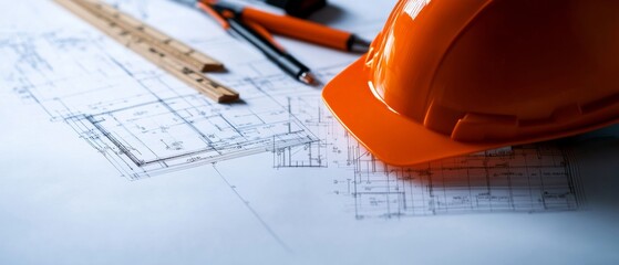 Aufkleber - Modern Engineering Workspace Detailed Blueprint Analysis with Orange Construction Helmet and Drafting Tools - Professional Industrial Design and Strategic Project Planning