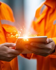 Aufkleber - Cyber-Enabled Construction Management Architects in Reflective Gear Analyzing Digital Blueprints on Tablets - Innovative Worksite Security and Remote Collaboration in Urban Development