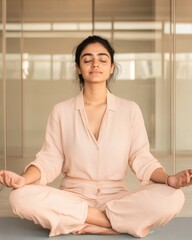 Poster - Minimalist Wellness Break Indian Professional Woman in Serene Office Meditative Pose - Enhancing Mindful Workspaces and Corporate Wellness for Modern Productivity