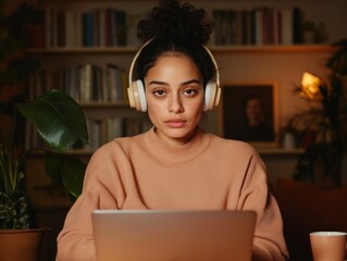 Poster - Warm Modern Workstation Young Woman in Wireless Headphones and Knit Sweater at Home Office Desk - Elevating Remote Work and Digital Marketing with Comfort and Style