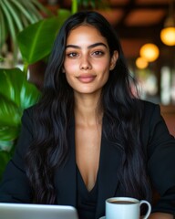 Aufkleber - Urban Cafe Coworking Young Indian Woman in Blended Traditional-Modern Outfit with Laptop and Chai - Remote Work Innovation and Digital Marketing Inspiration