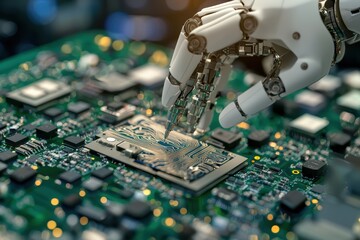 Poster - Advanced Robot Assembling Circuit Board in Futuristic Technological Environment
