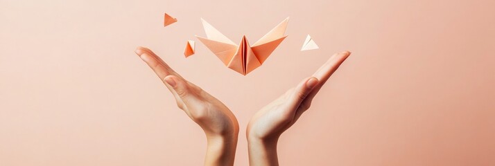 Aufkleber - Technological Origami Aesthetic Business Innovation Visual with Hands and Glowing Paper Bird - Inspiring Leadership Content for Modern Marketing