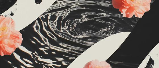 Poster - Minimalist collage featuring rippling water and floral elements on a white background