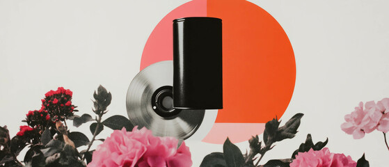 Poster - Minimalist collage with film canister and floral geometric shapes on a white background
