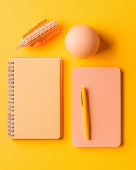 Aufkleber - Contemporary Minimalist Office Supplies Pastel Notebooks, Ball Pen and Desk Storage on Vibrant Yellow - Creative Workspace Optimization and Modern Professional Appeal