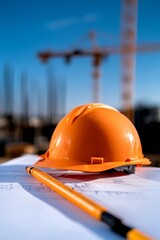 Poster - Contemporary Industrial Blueprint Display Orange Hard Hat and Graphs on Temporary Table - On-site Safety and Structural Planning for Modern Construction Engineering