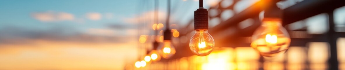 Aufkleber - Industrial Workspace Aesthetic Vintage Edison Bulbs with Warm Glow Framing Urban Horizons - Energizing Workspace Design for Sustainable Modern Offices