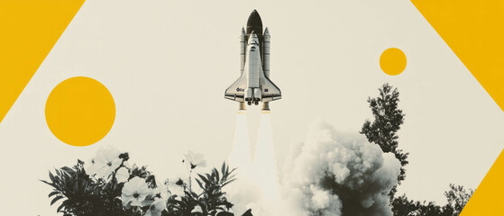 Aufkleber - Minimalist collage showcasing a space shuttle launch with floral and geometric elements