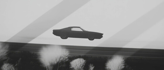 Aufkleber - Minimalist collage of a race car on the track with geometric shapes and floral background
