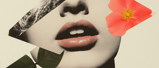 Aufkleber - Minimalist collage featuring a close-up of a pouting mouth and floral design elements