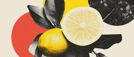 Poster - Exploring geometric shapes and floral elements in minimalistic collage art with lemon