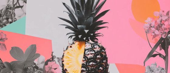 Aufkleber - Minimalist collage featuring geometric shapes and a sliced pineapple on a white background